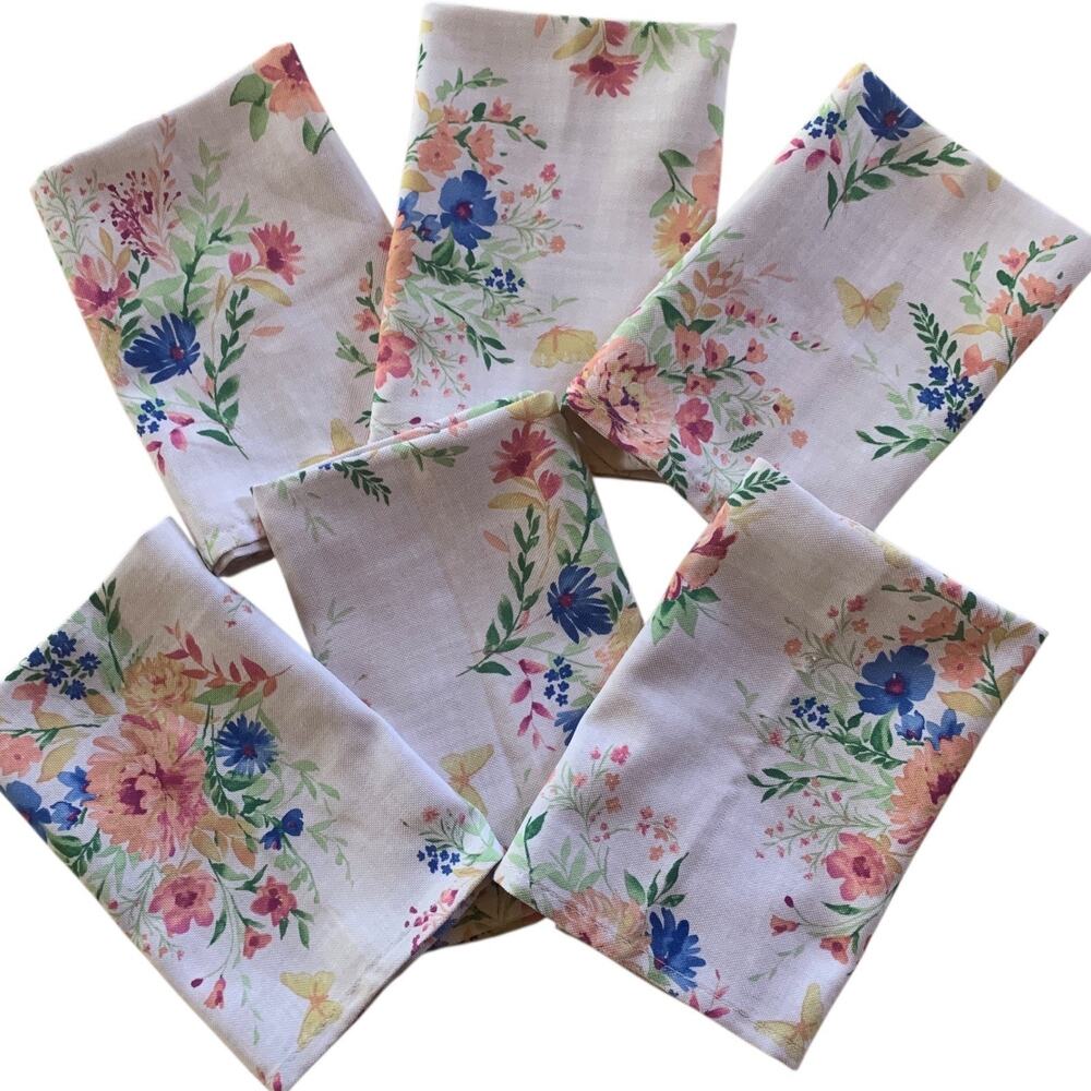 Set Of 6 Lillian August Fabric Napkins Floral Butterflies